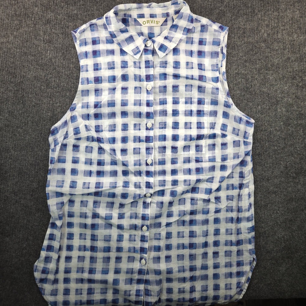 Orvis Sleeveless Button Down Shirt Womens Small Blue White Check Cotton Top